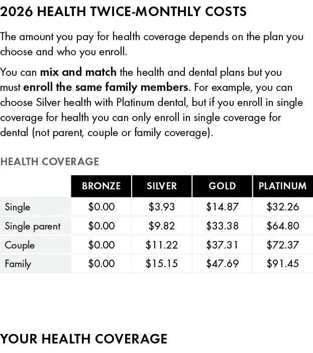 ﻿2026 HEALTH ﻿TWICE MONTHLY COSTS The amount you pay for health ﻿coverage depends on the plan you choose and who you...